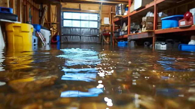 Floodwater covering the floor of a garage with shelving