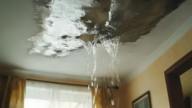 Water dripping from a damaged ceiling in a living room