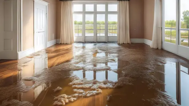 Water pooling across a hardwood floor in an empty room