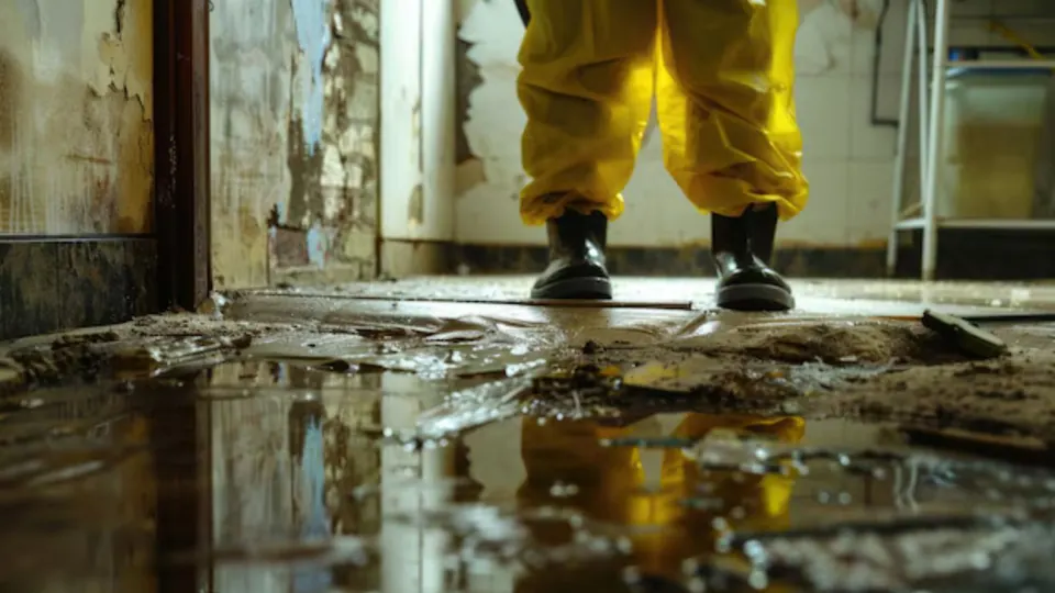 Person in yellow waders clearing debris from a wet floor