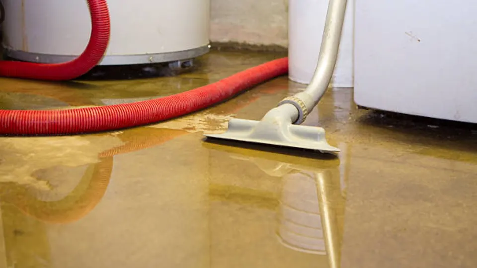 Wet vacuum nozzle with a red hose on a wet floor