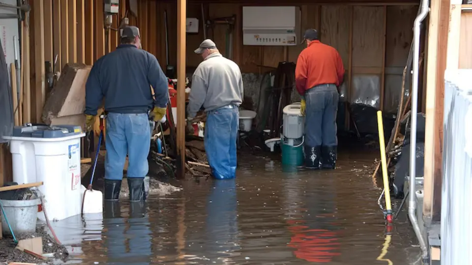 Three workers wading through a flooded utility space to extract water