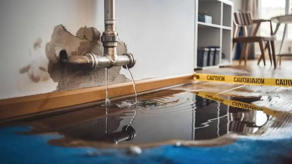 Leaking wall pipe with caution tape and water pooled on the floor