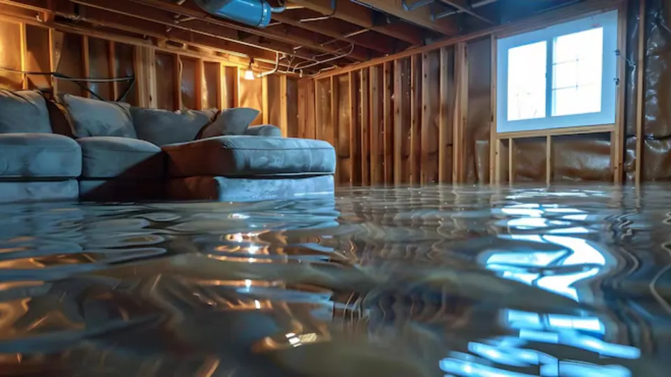 Flooded lower-level room with exposed wall studs and a sofa