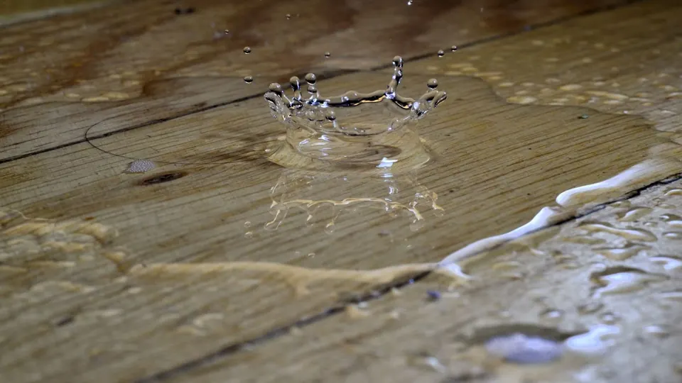 Water drop on hardwood floor planks