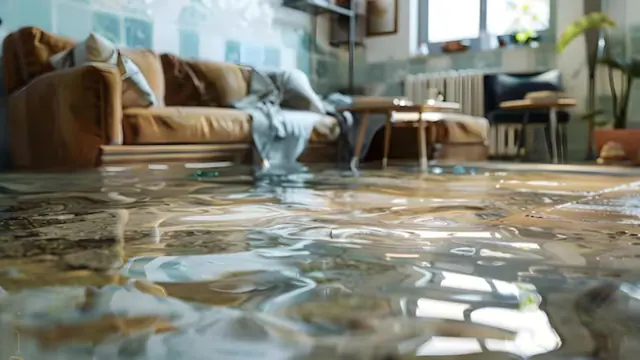 Sofa sitting in shallow floodwater inside a home