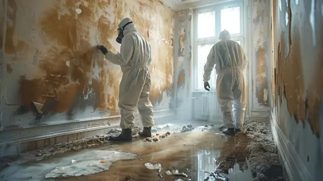 Two workers in protective suits inside a water-damaged room with mold on the walls