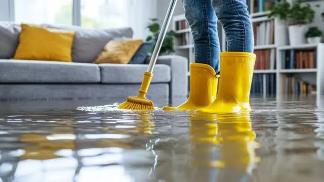 Person in yellow boots sweeping water across a flooded living room floor